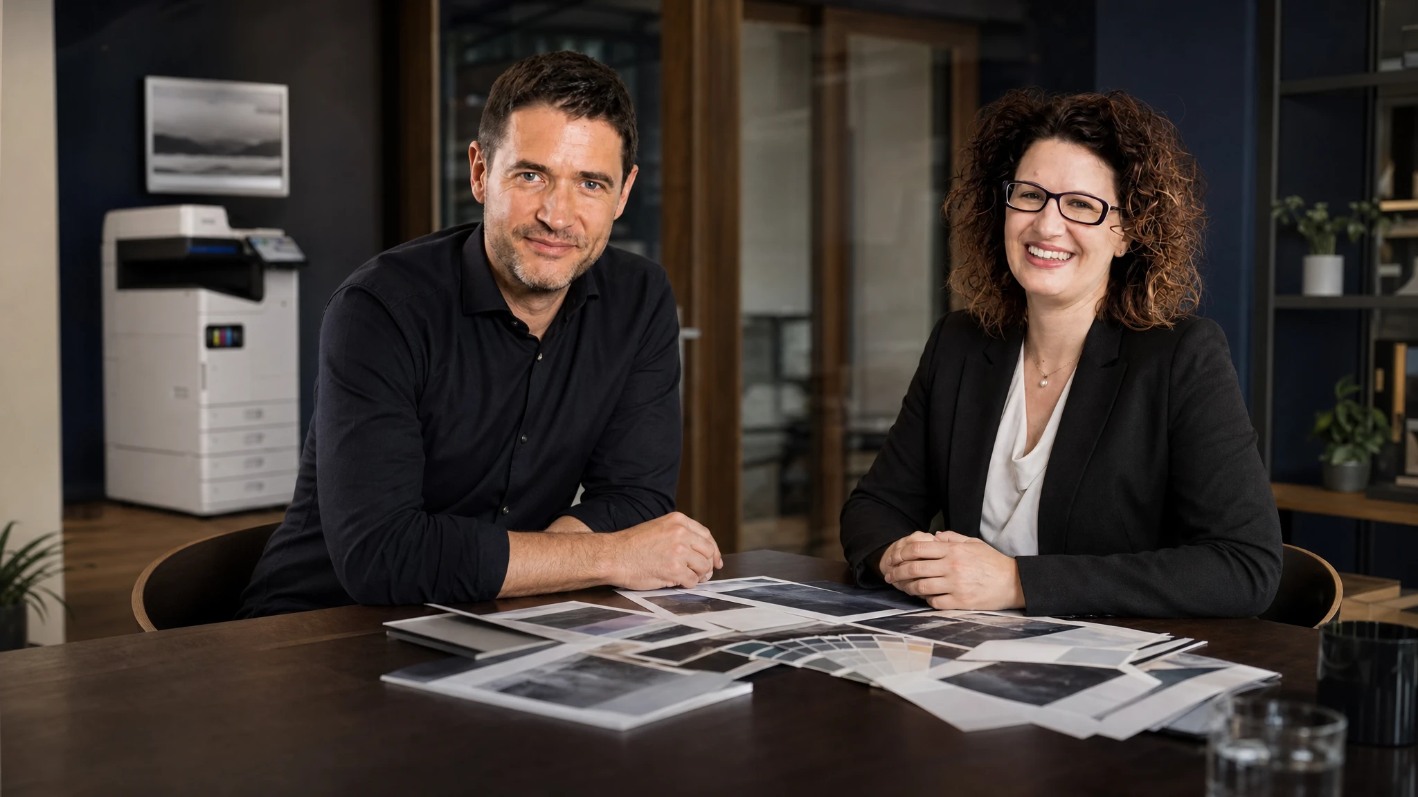 Stefan Petric und Marlene Drexler im Gespräch, mit Epson WorkForce Enterprise AM-C4000 im Hintergrund